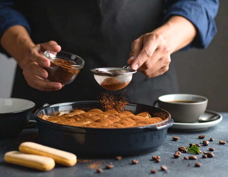 saupoudrer du cacao sur le tiramisu allégé