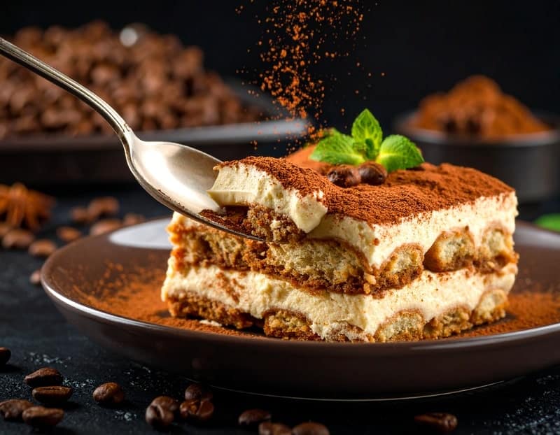 une cuillère qui s'enfonce dans une part de tiramisu healthy